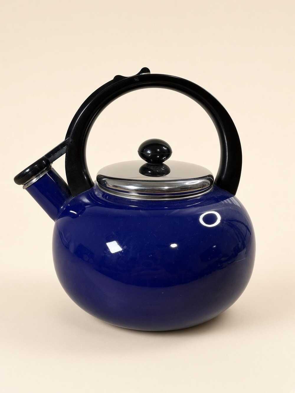 Blue Enamel Kettle Black Handle Chrome Lid Stainless Liner 6 Inch